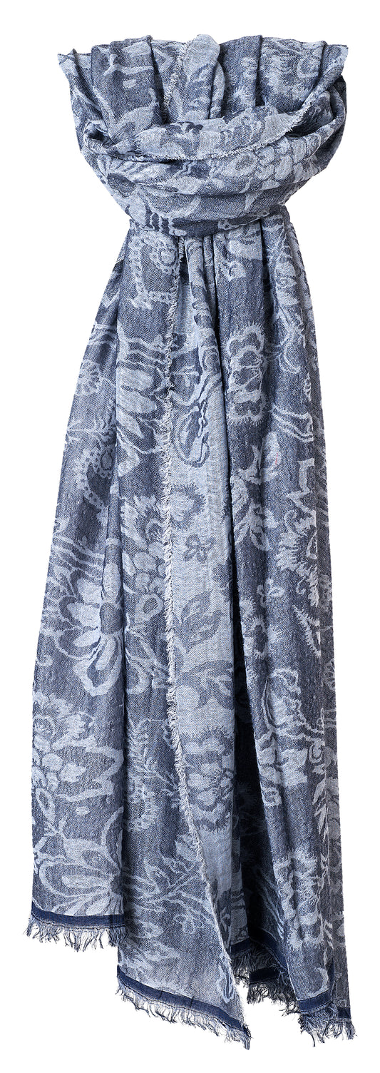 SansPlomb Sciarpa unisex in fresco cotone e viscosa con frange, disegno floreale- 100% Made in Italy