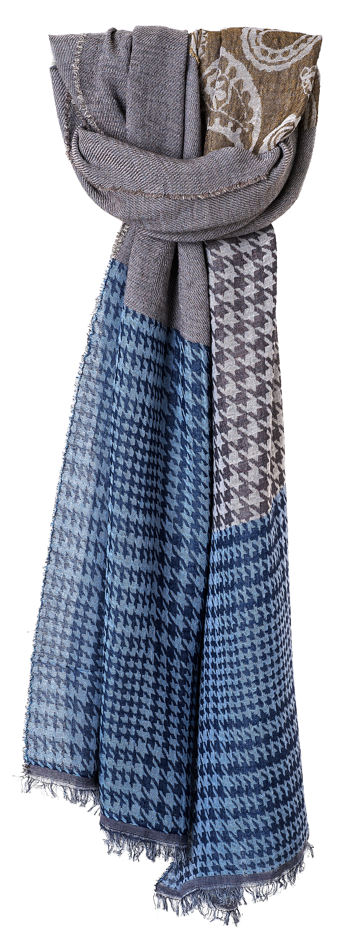 SansPlomb Sciarpa unisex in fresco cotone e viscosa con frange, disegno paisley con houndstooth - 100% Made in Italy