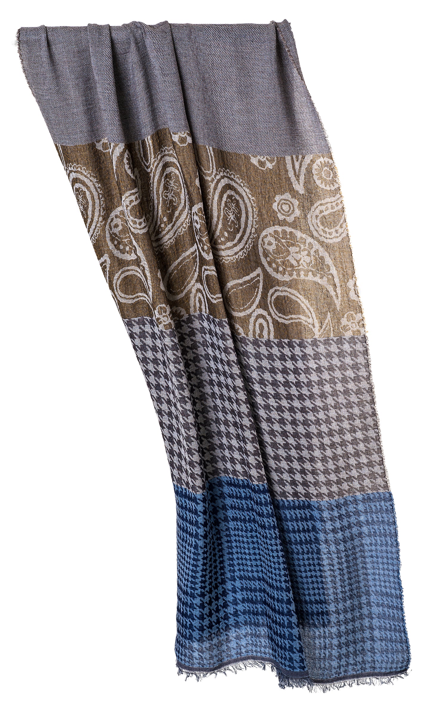 SansPlomb Sciarpa unisex in fresco cotone e viscosa con frange, disegno paisley con houndstooth - 100% Made in Italy